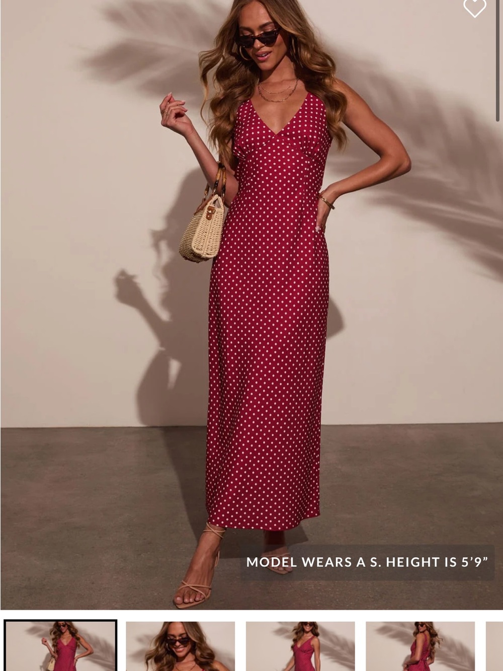 Cherry Moon Polka Dot
V-Neck Slip Maxi Dress - Red